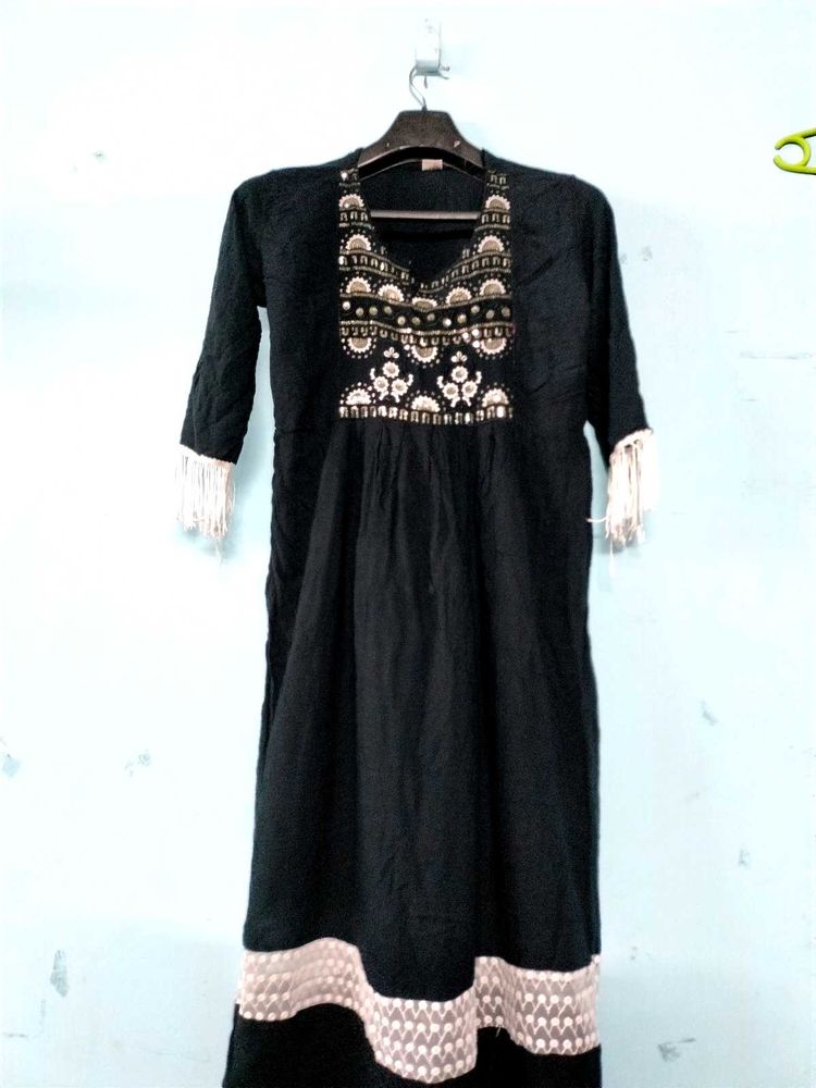Black Kurti with Embroidery &amp; Tassels