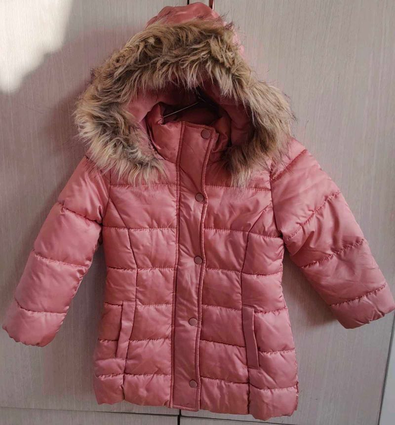 Pink Puffer Jacket with Faux Fur Hood