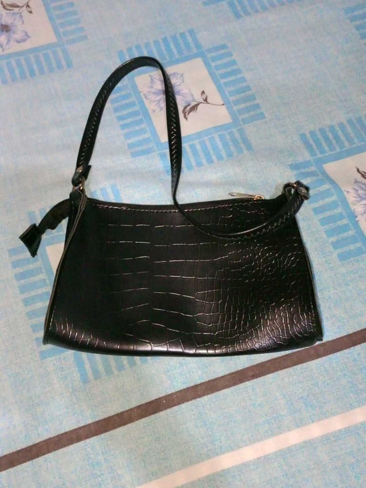 Black Croc Embossed Baguette Bag