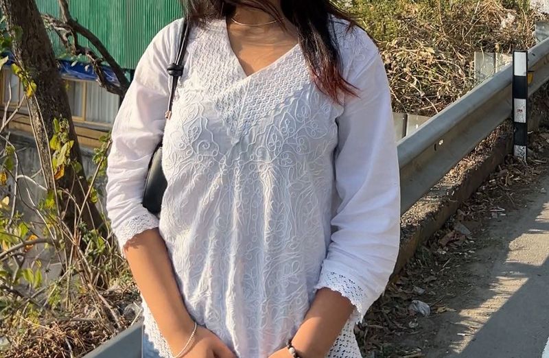 White Embroidered Cotton Kurti with Lace Detailing