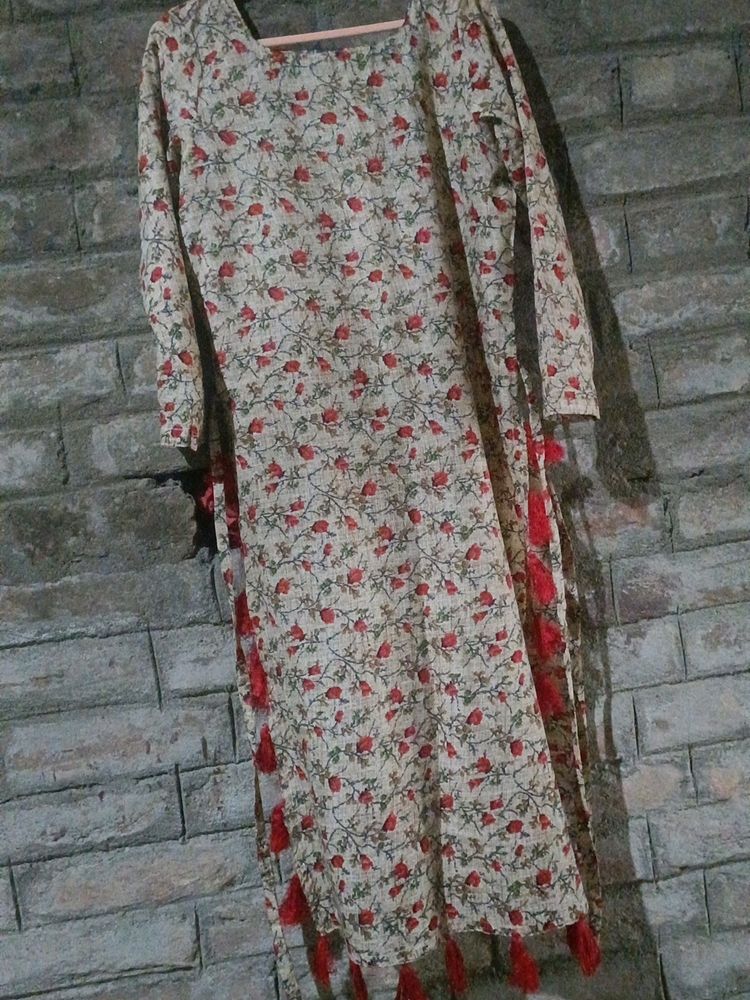 Red Printed Straight Kurta , Side Slits