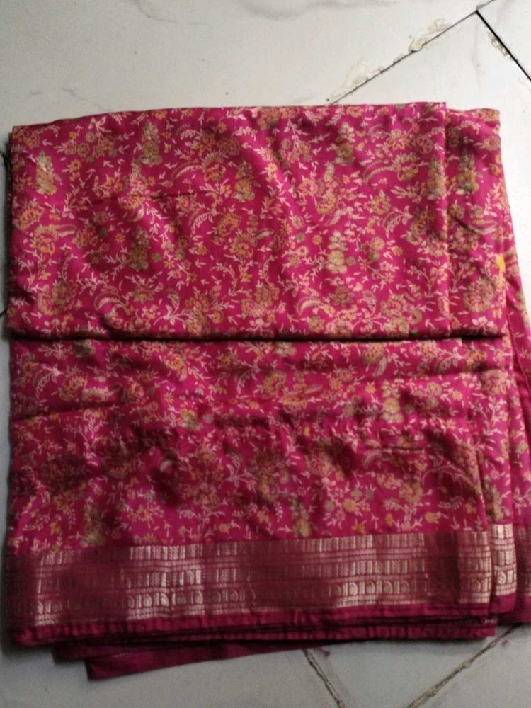 Pink Floral Print Pure Silk Saree
