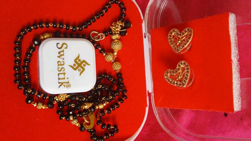 Gold Heart Earrings &amp; Mangalsutra