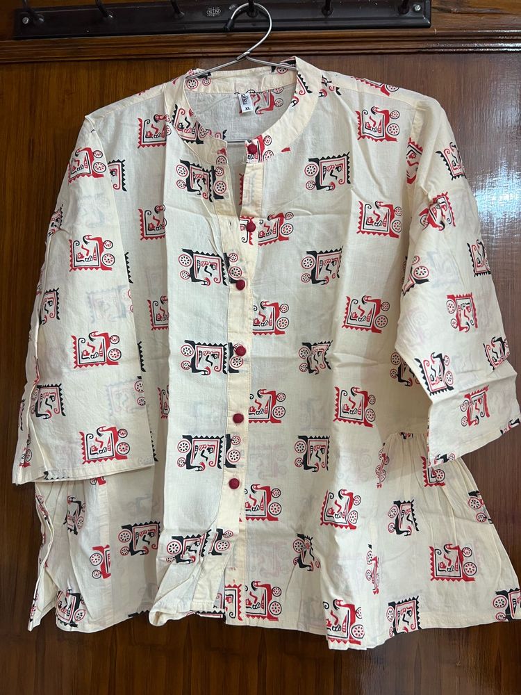 Nayo Woman Cream Printed Pure Cotton Top