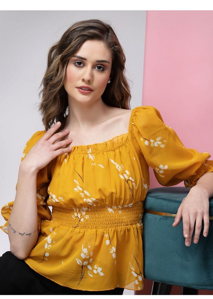 casual Puff Sleeves Floral Print Women Yellow Top