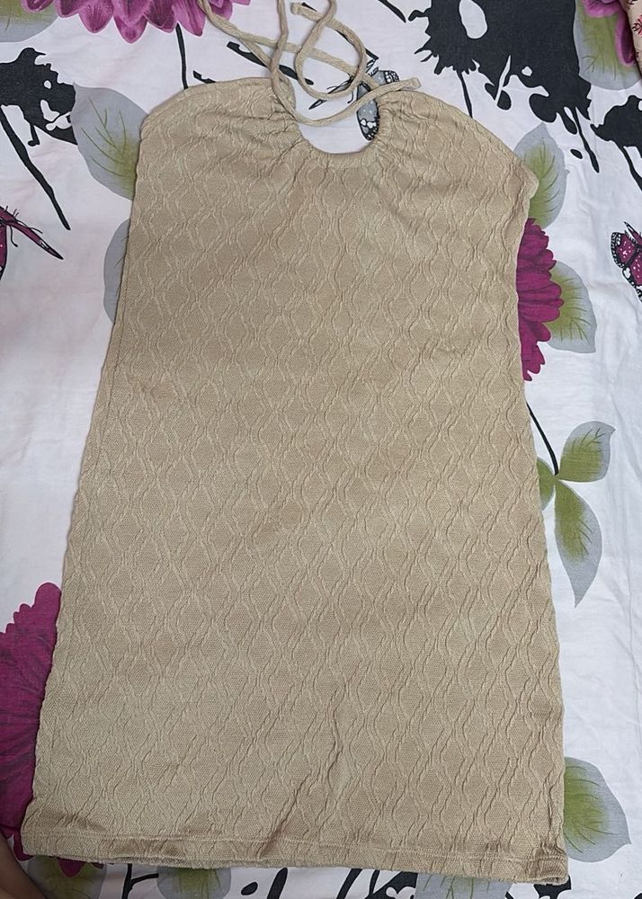 Tie Up Halter Neck Beige Bodycon Dress