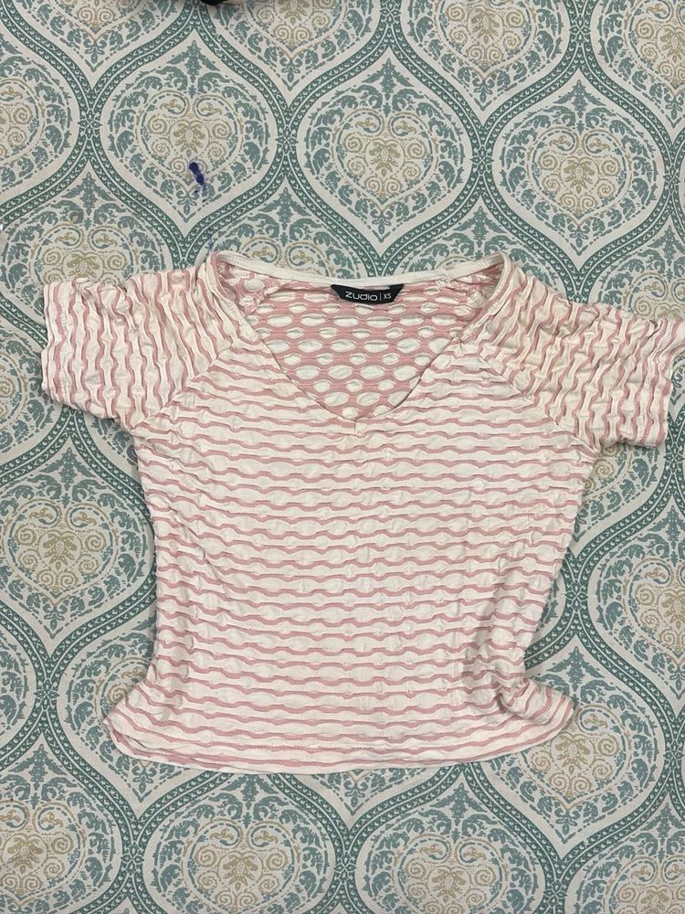 Pink Textured V-Neck Top