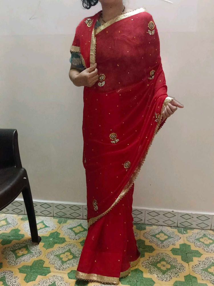 Red &amp; Gold Embroidered Saree