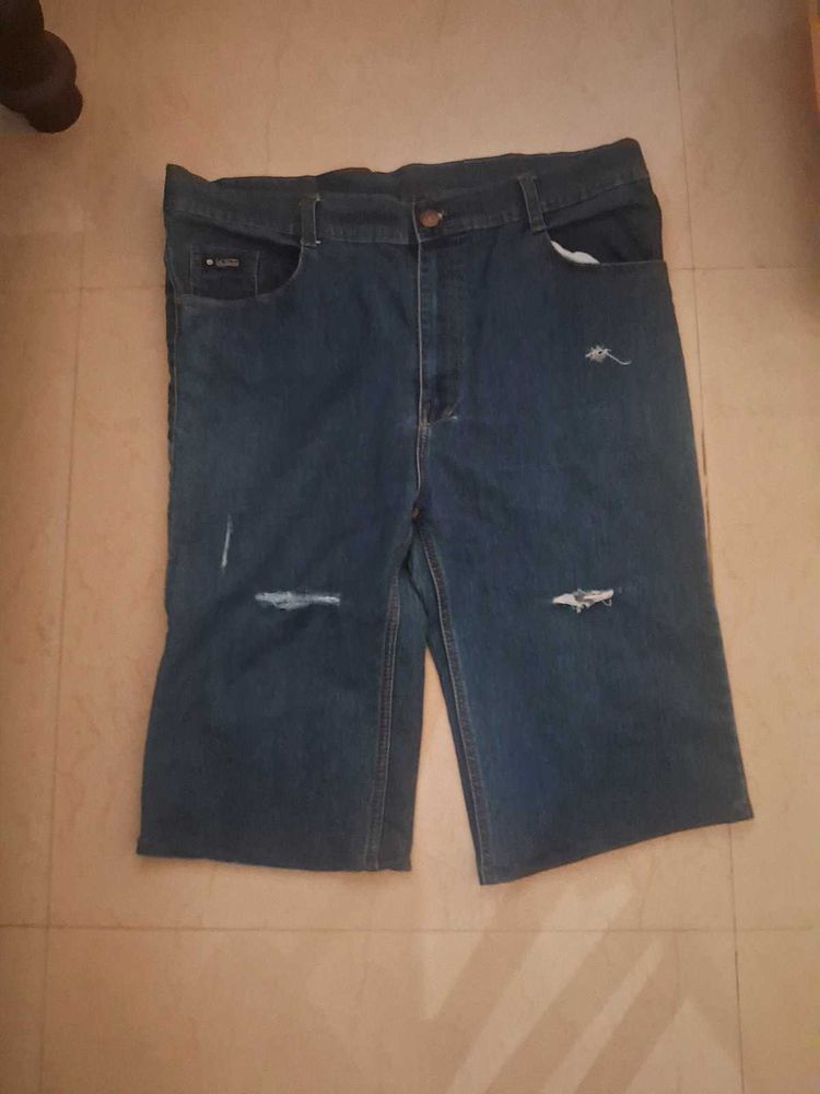 Scratched Denim Jean Shorts