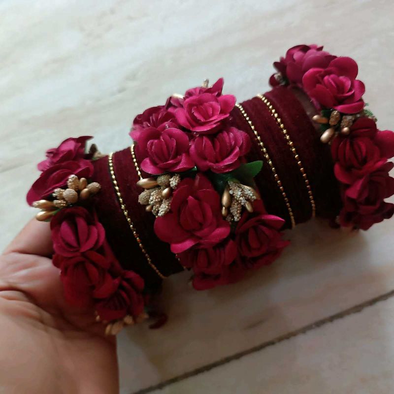 Mahroon Flower Bangles Set