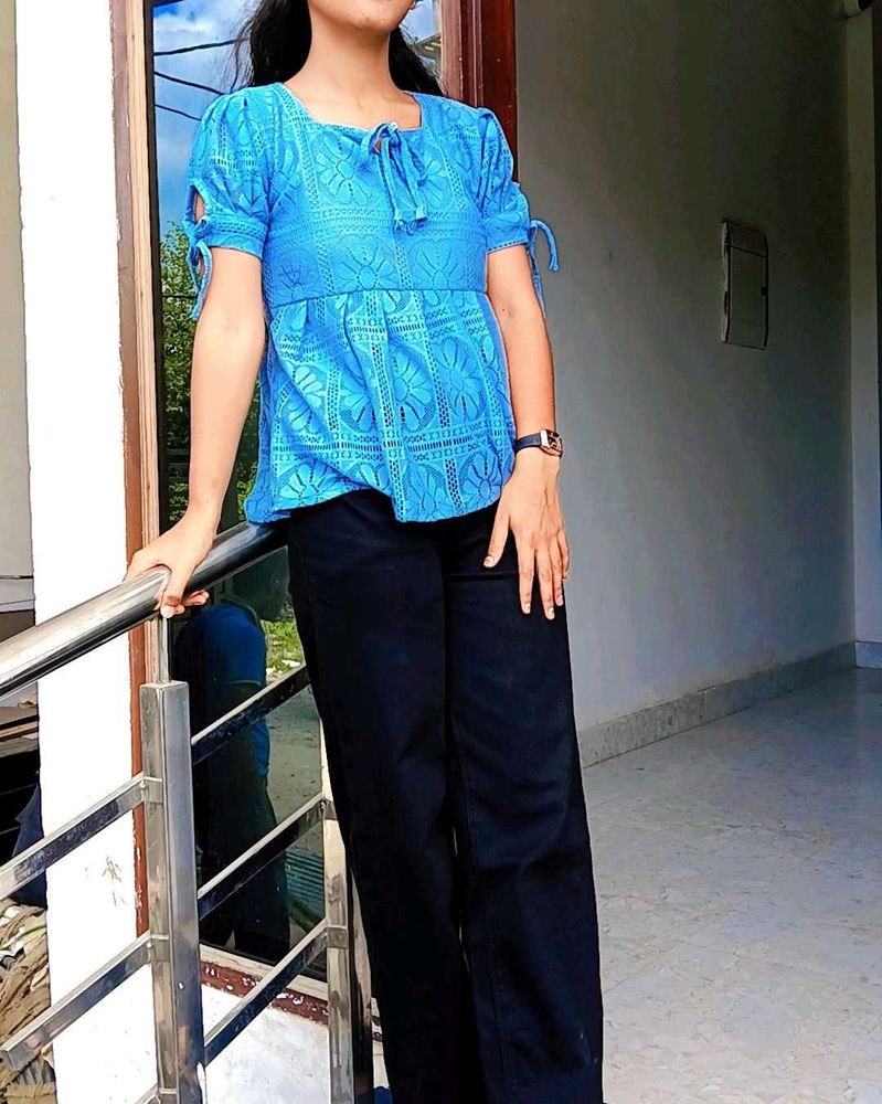 Blue Lace Tie-Sleeve Top
