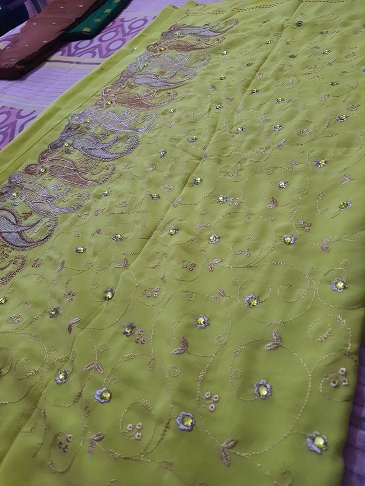 Lime Green Embroidered Saree