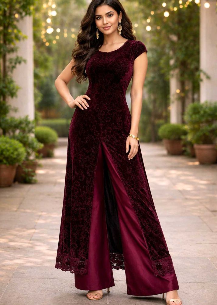 Elegant Maroon Velvet Kurta Set