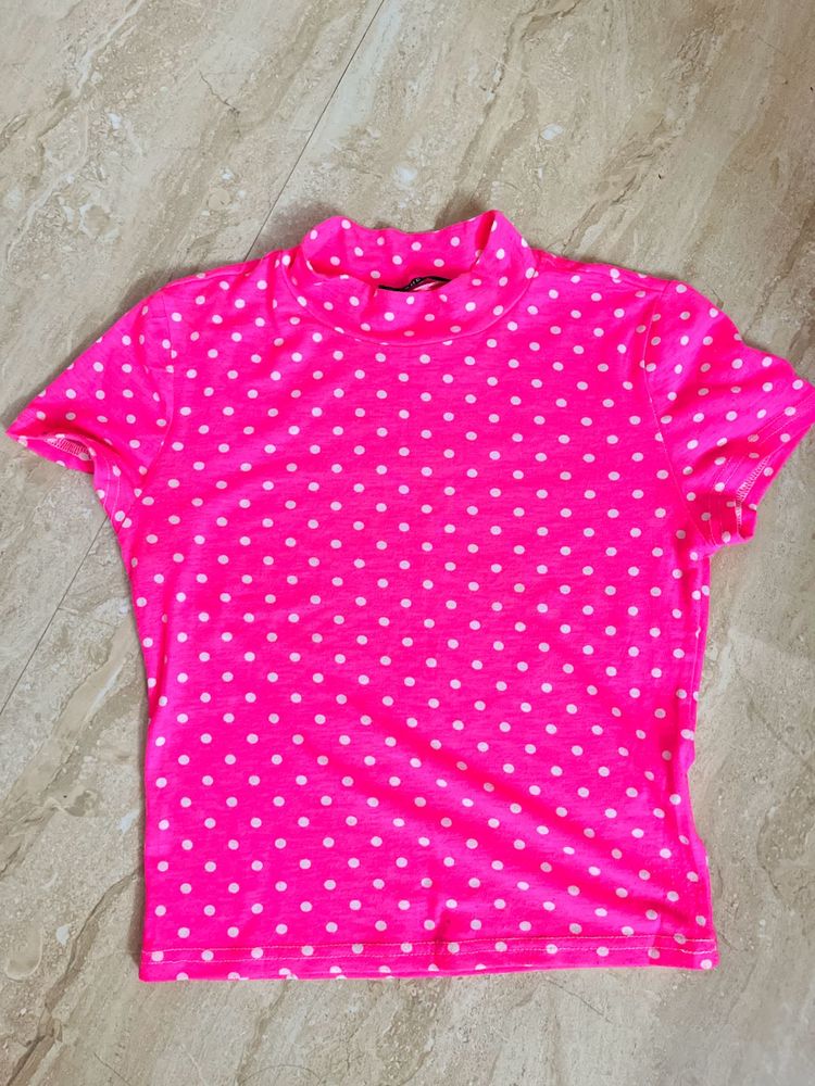 Hot Pink Polka Dot Mock Neck Top