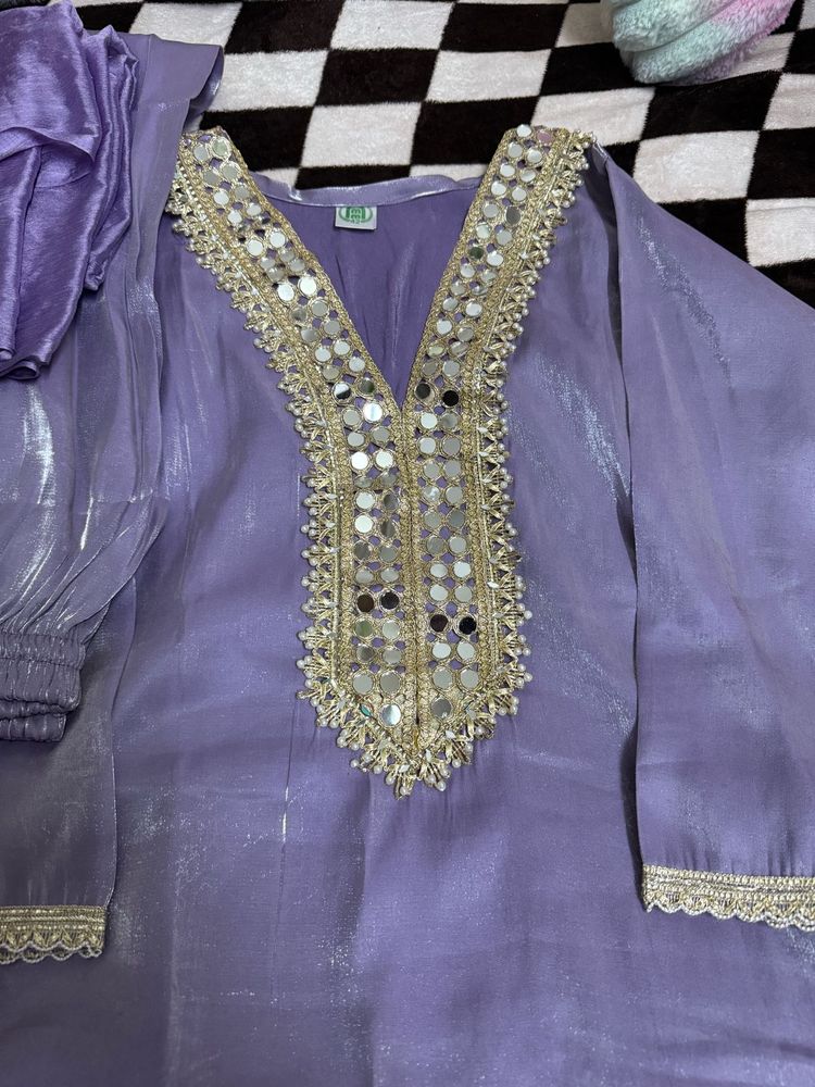 Lavender Mirror Work Kurta Set