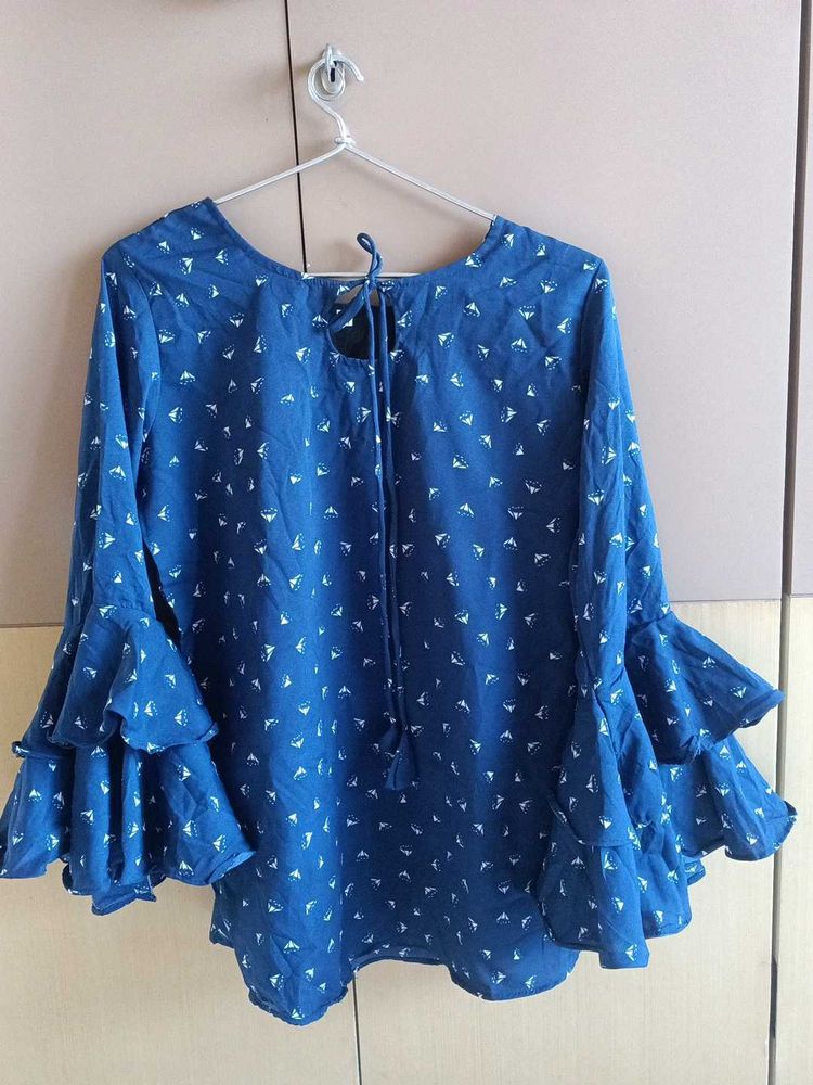 Blue Top With Double Flared-Bell Sleeves