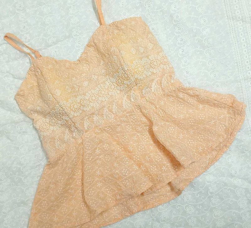 Peach Aesthetic Chikankari Peplum Tank Top