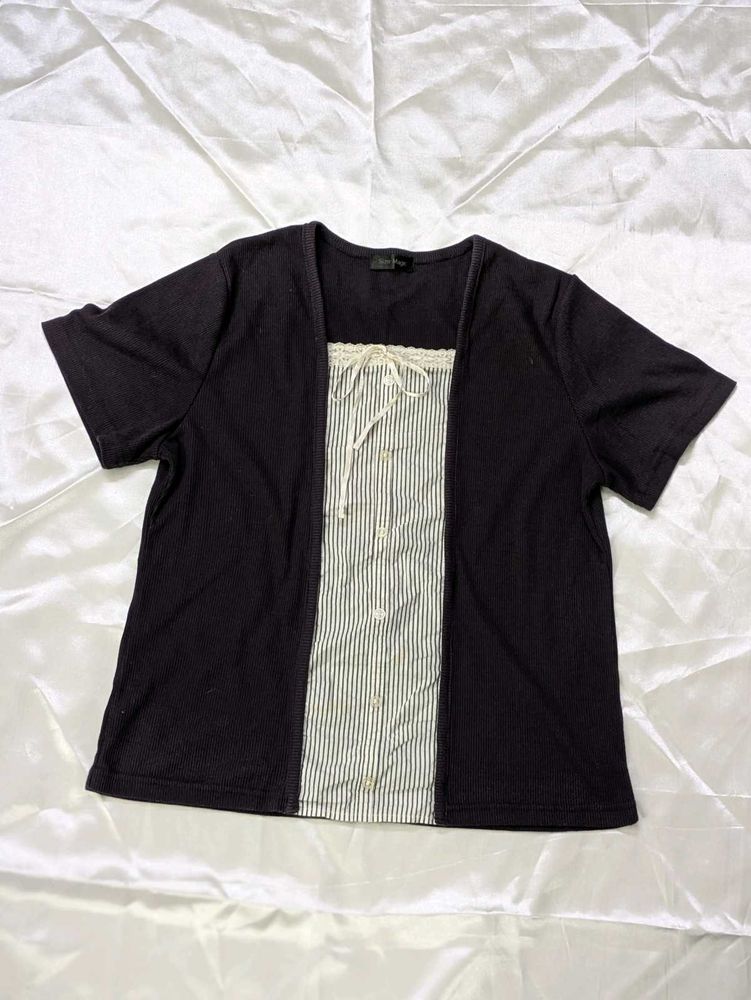 Unique Striped Panel Black Tee