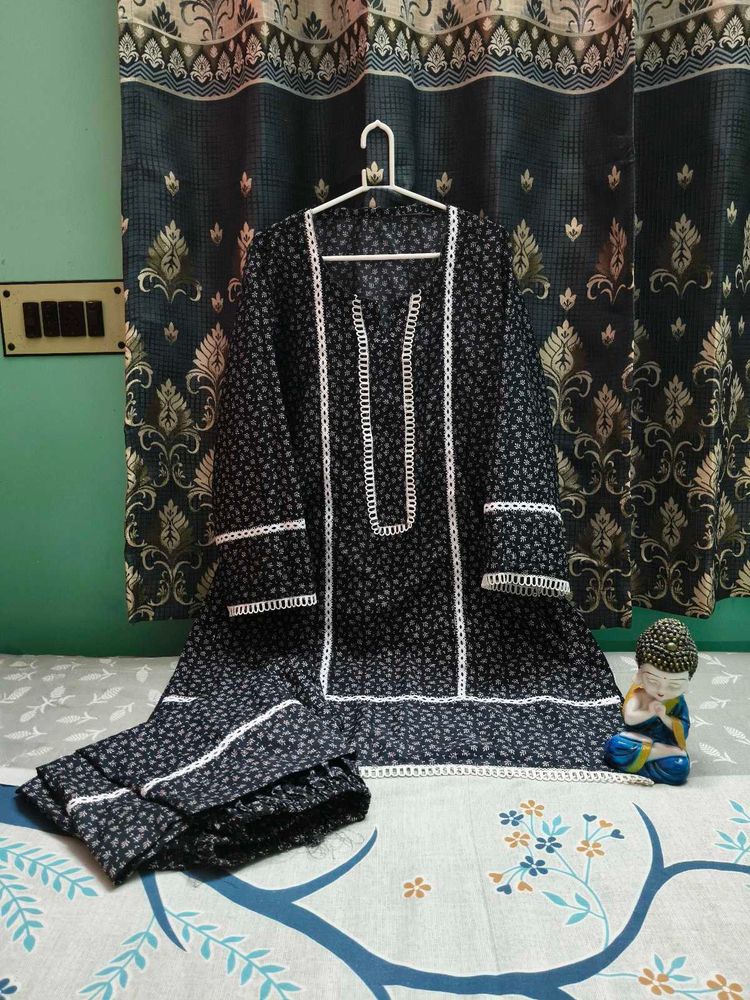 Black Printed suit Set with white lace design.