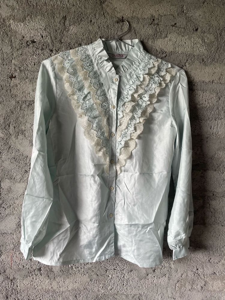 Soft Satin Retro Pastel Blue Frilly Lace- Blouse