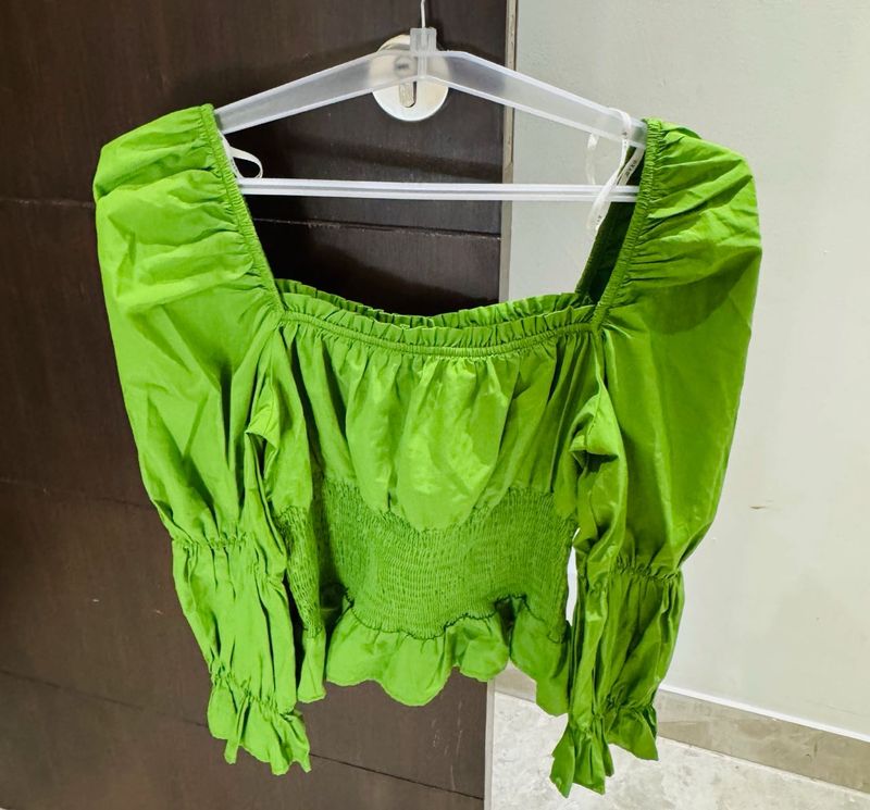 Green Puff Sleeve Crop Top