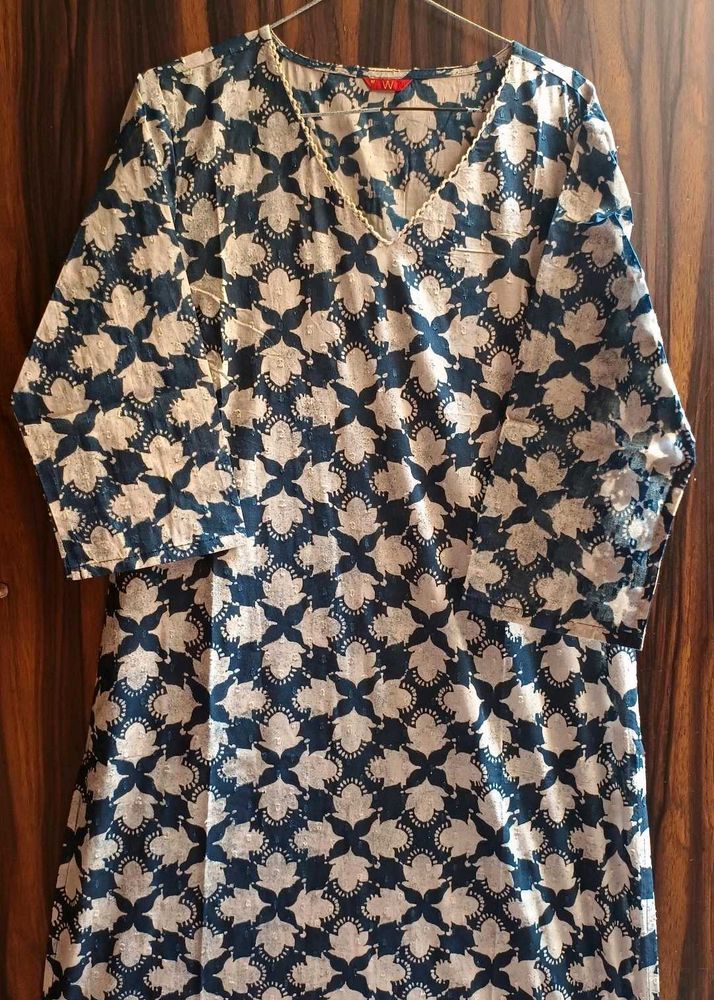 Indigo Blue Kurti with Cream Floral Block Print