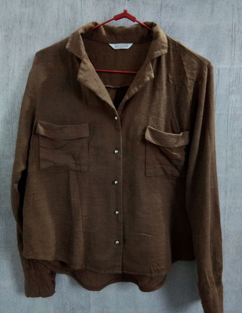 Linen Brown Button Up Shirt For Women