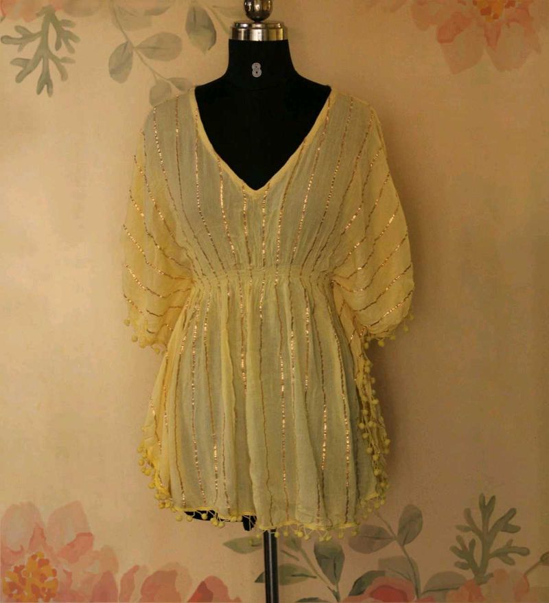 Yellow Gold Stripe With Pompom Kaftan