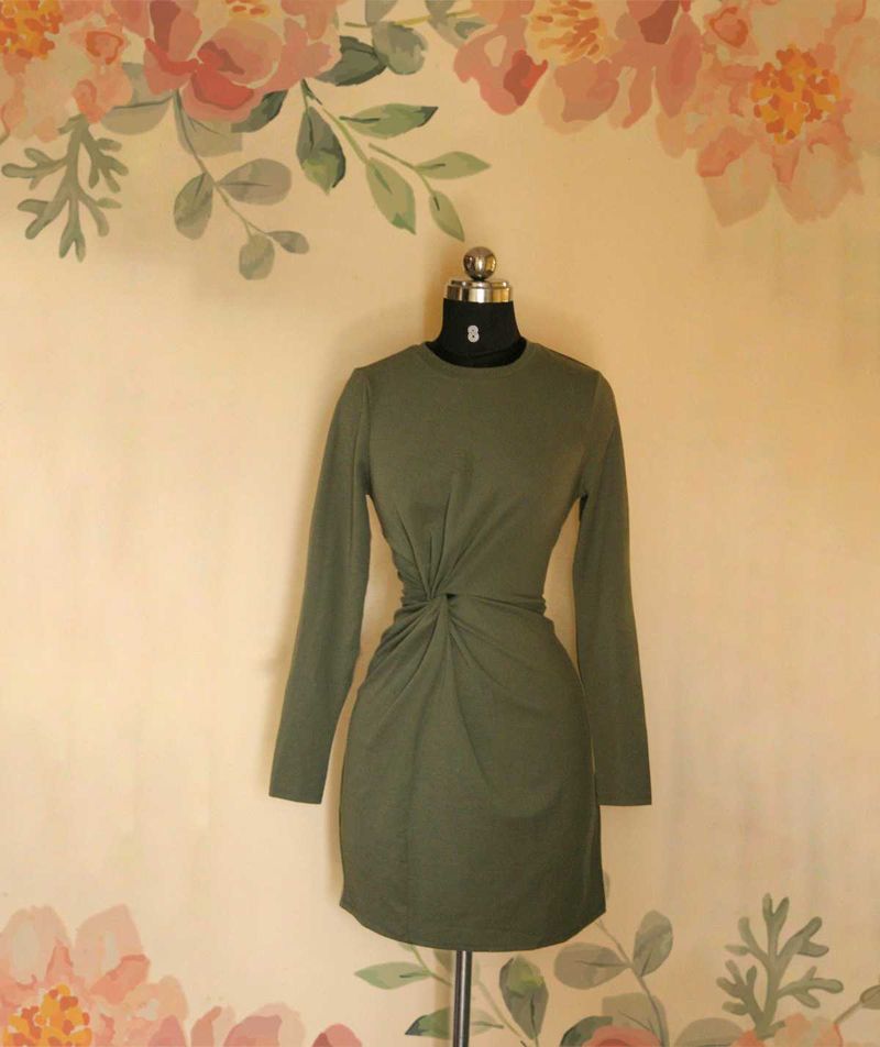 Mango Olive Green Twist Front Dress