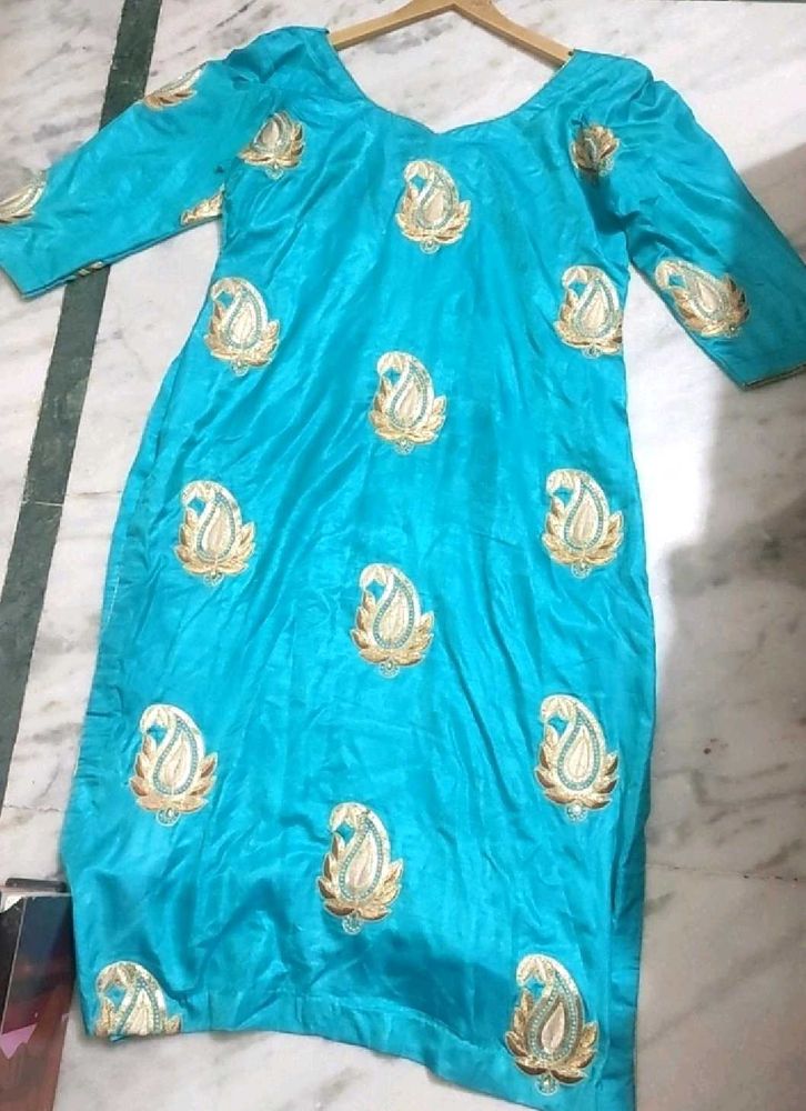 Cyan Sky Blue Kurta Plazo Set For 38 Bust