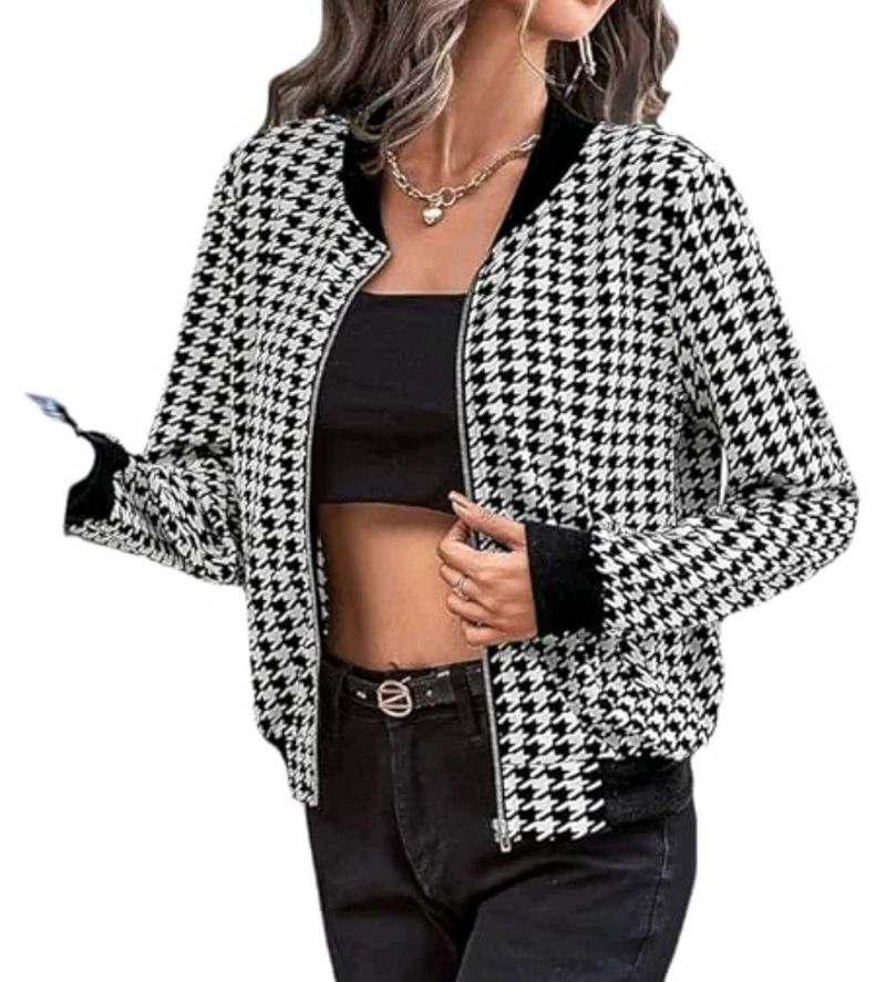 Houndstooth Print Bomber Jacket