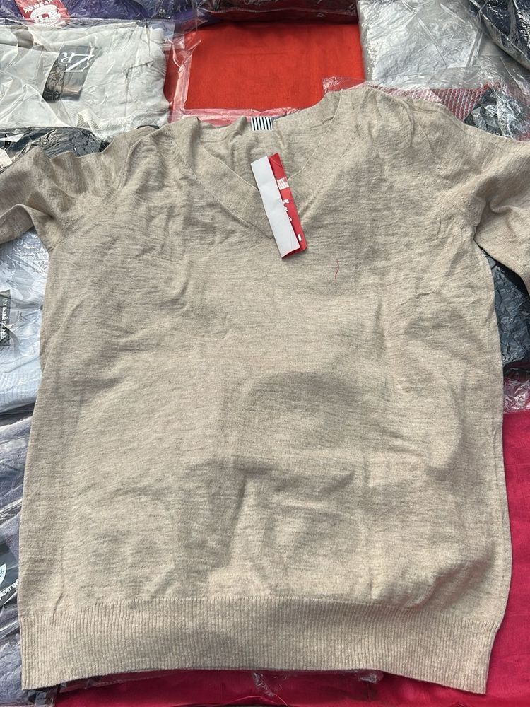 Beige V-Neck Knit Sweater