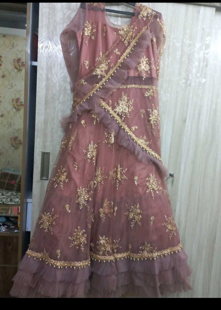 Elegant Pink &amp; Gold Embroidered Lehenga