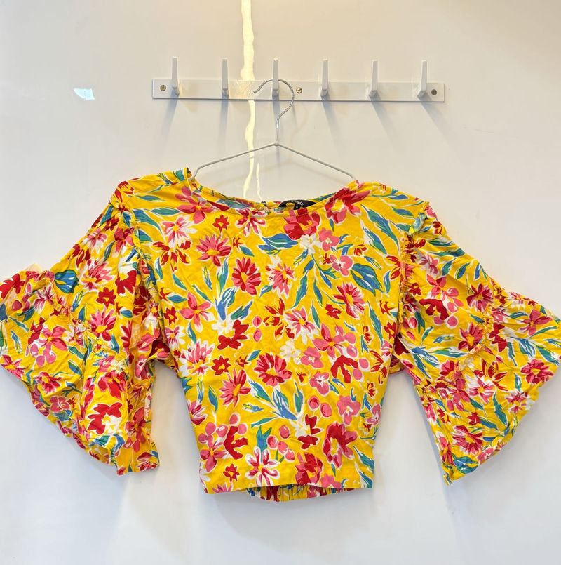 Yellow Ruffle Sleeve Crop Top | People(Pantaloons)