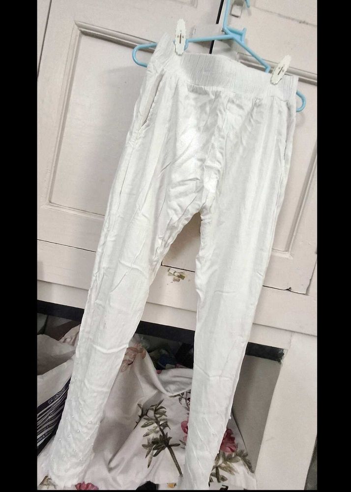 Pearl Studded White Casual Pants