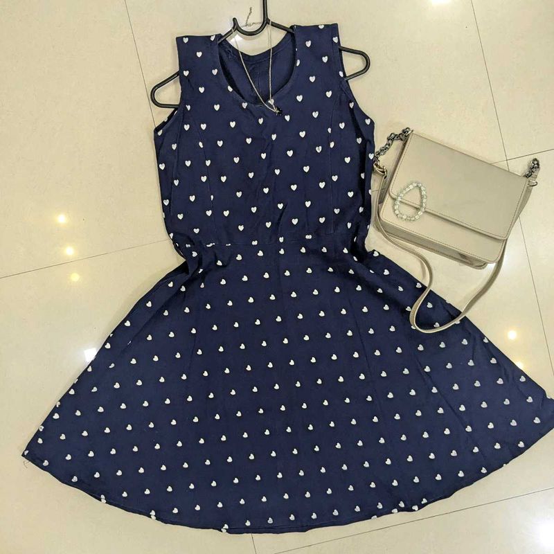 Navy Blue Heart-Print Skater Dress