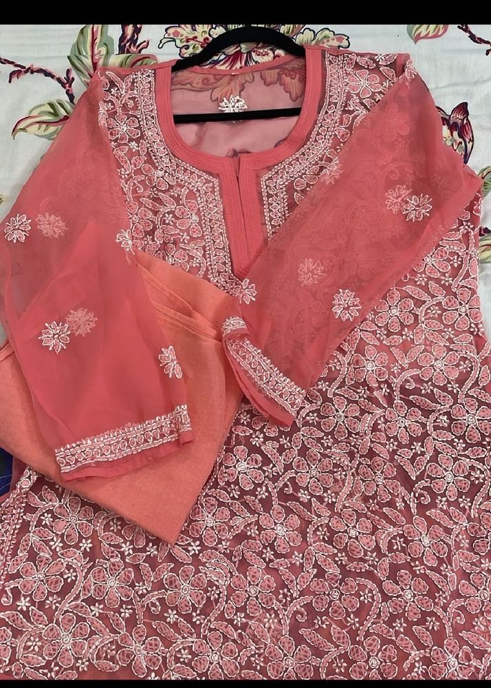 Pinkish Peach Embroidered Kurta Set