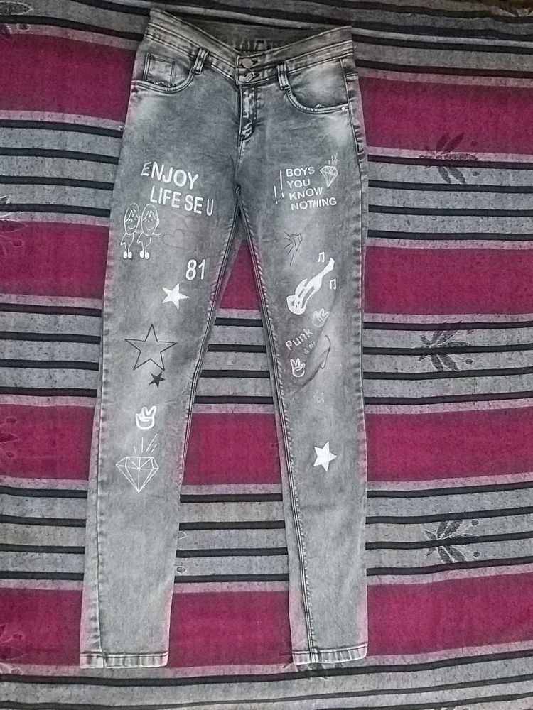 Graphic Printed Grey Denim Jeans