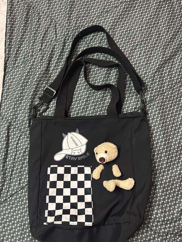 Cute Black Tote Bag with Teddy
