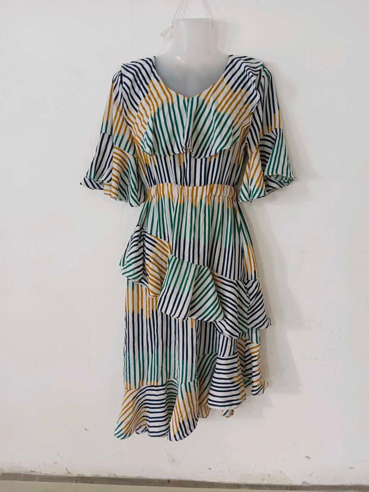 Striped Ruffle Asymmetric Dress