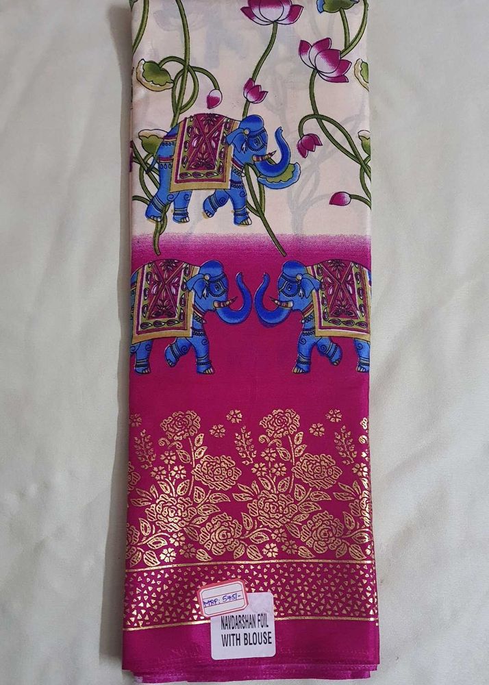 Elephant Print Cream With PINK Color Saree
