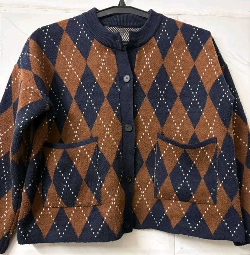 Argyle Knit Cardigan Sweater