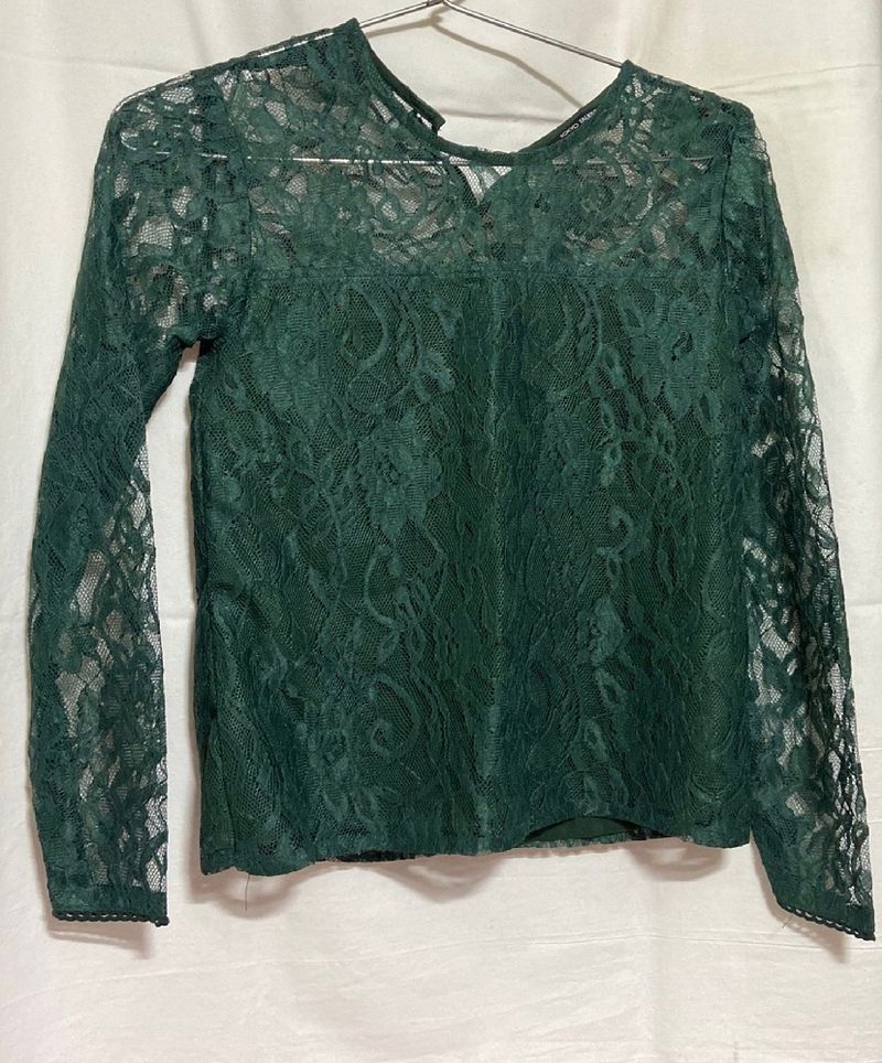 Tokyo Talkies Top In Dark Green Colour with mesh.