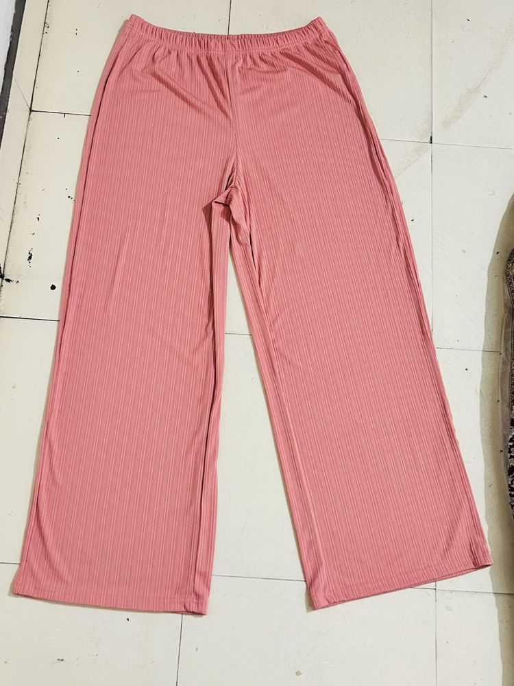 Pink Ribbed Knit Palazzo Pants