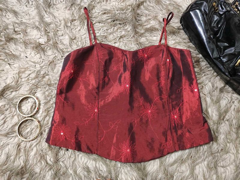 Burgundy Floral Embroidered Corset Top