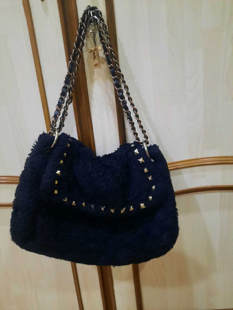 Fuzzy Navy &amp; Gold Studded Shoulder Bag