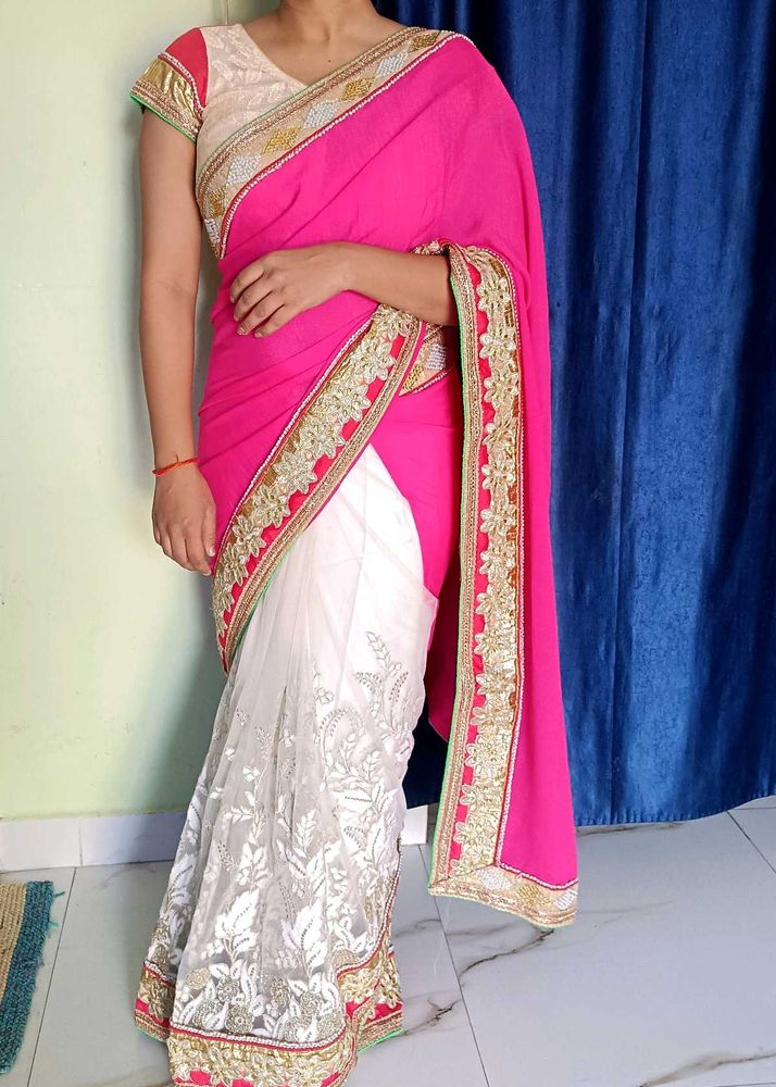 Elegant Pink &amp; White Saree