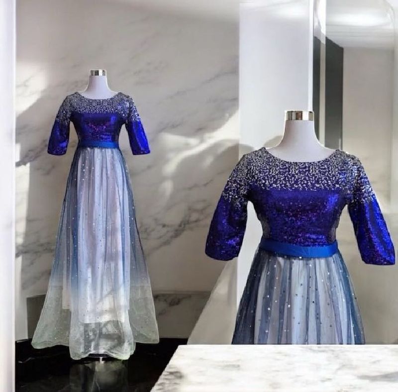 Royal blue gradient colorblocked floor length Gow