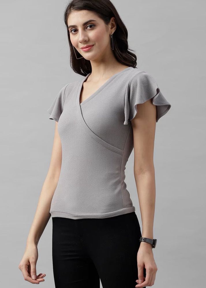 Grey Wrap Top w/ Ruffle Sleeves