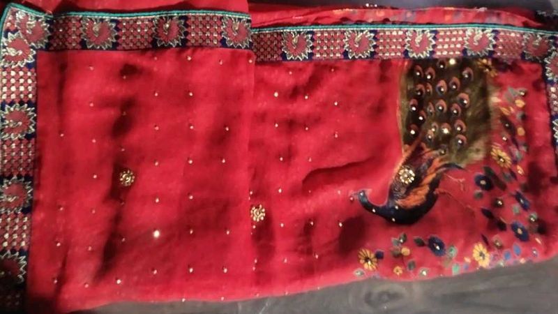 Red Saree With Peacock  Design   And  Stone Work